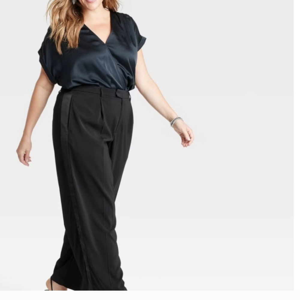 A New Day Wide Leg Trousers With Satin Stripe - Black